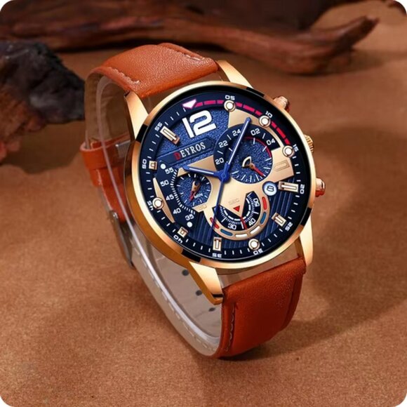 2PCS Set Fashion Men Watch W/Bracelet Luxury Business Casual Brown Leather Strap - Picture 5 of 6
